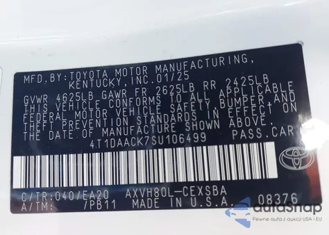 2025 Toyota Camry Se from USA, damaged, VIN 4T1DAACK7SU106499